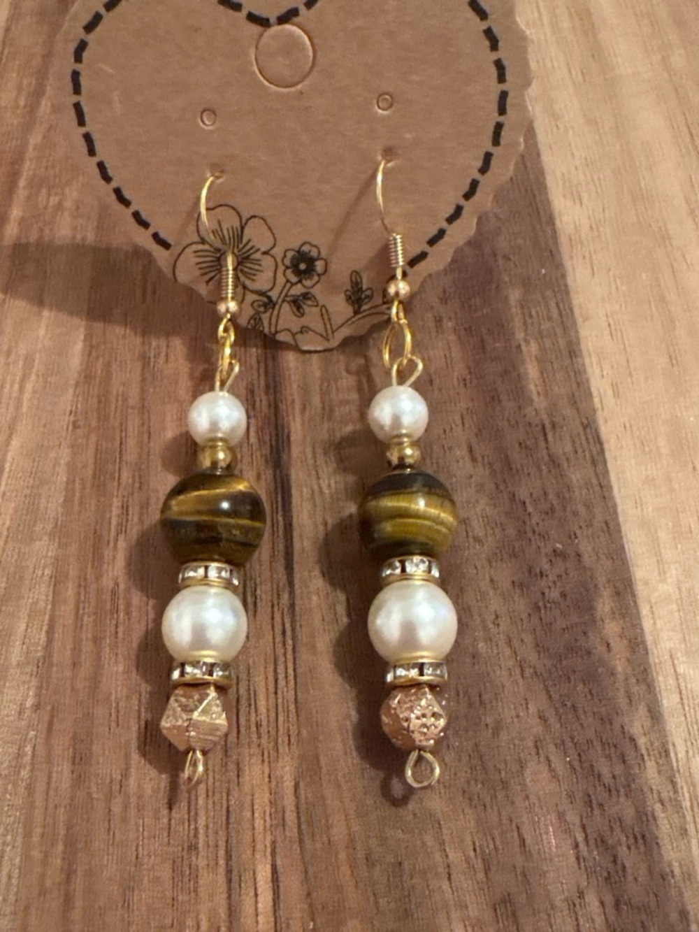 Handmade Gold, Pearl, & Tigers Eye Beaded Drop Earrings